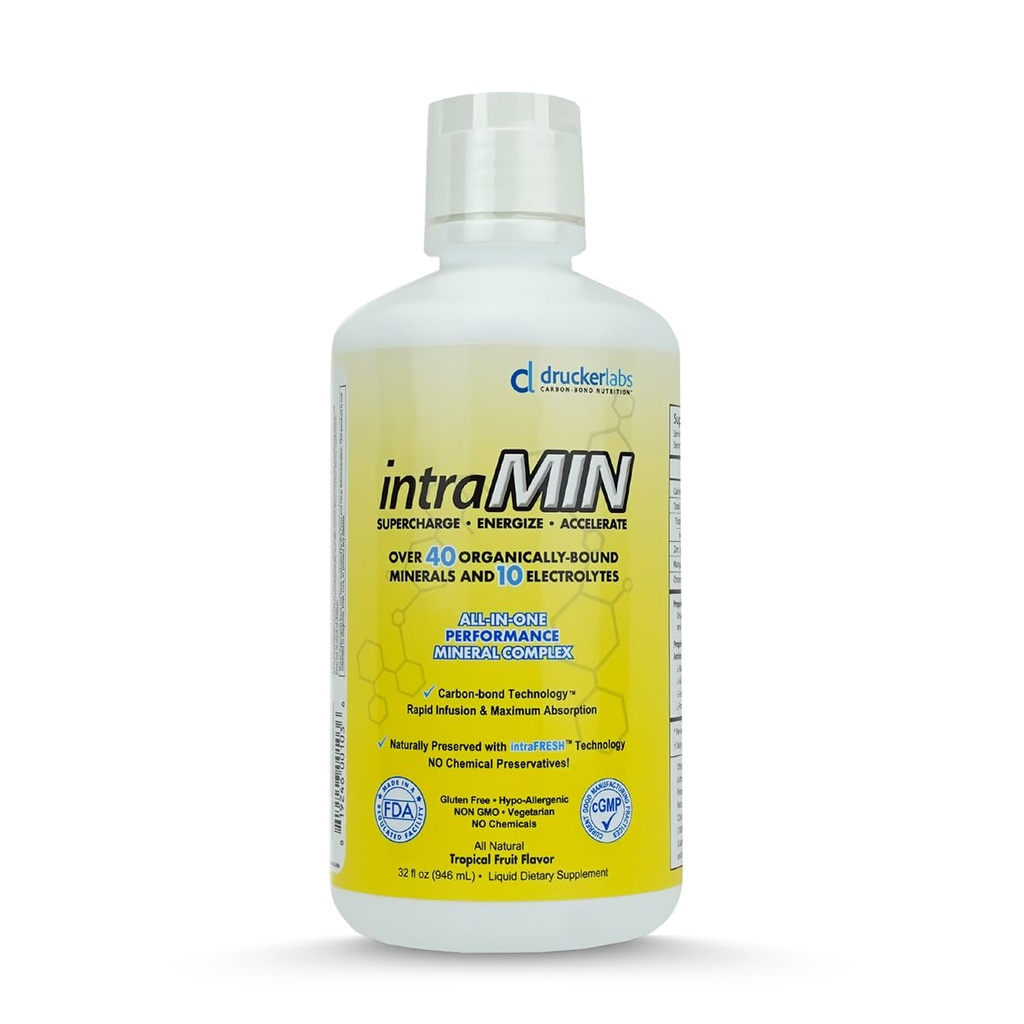 DRUCK Labs - IntraMIN Organic Liquid Trace Minerály Dietní dodatek pro muže, ženy, děti, imunitní podpora, Muscle Support, Non GMO, gluten Free, Vegan, Electrolytes (32 oz., Tropické ovoce Punch)