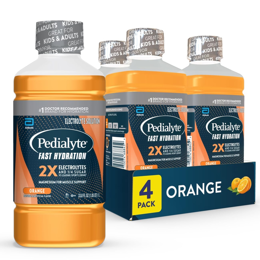 Pedialyte Fast Hydration Electrolyte Solution, Orange, Hydration Drink, 33.8 Fl Oz (balení po 4)
