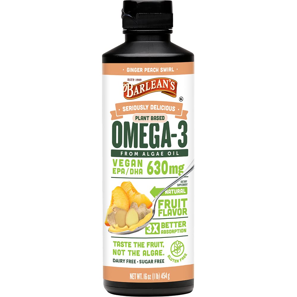 Barlean 's Ginger Peach Vegan Omega 3 dodatek, tekutý řasy olej s 630 mg EPA & DHA, Omegas na bázi rostlin z Algal Oil, Non- GMO & Gluten Free, 16 oz