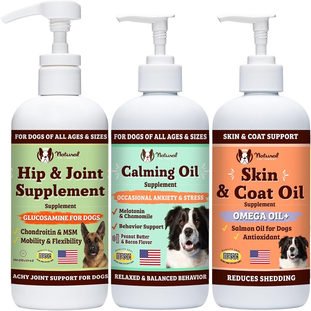 Natural Dog Company Wellness Bund $le pro psy, Food Toppers, Tekuté doplňky s (1) Kůže & Coat Oil, (1) Tekutý glukosamin, (1) Tekutý olej