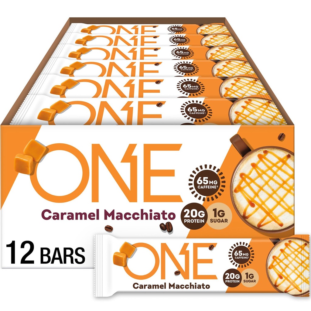 ONE Coffee Shop Caffeined Protein Bary, Karamel Macchiato, gluten zdarma s 20g protein a 65mg kofeinové energie, Pantry Staples, 2.12 oz (12 Počet), Balení May Vars