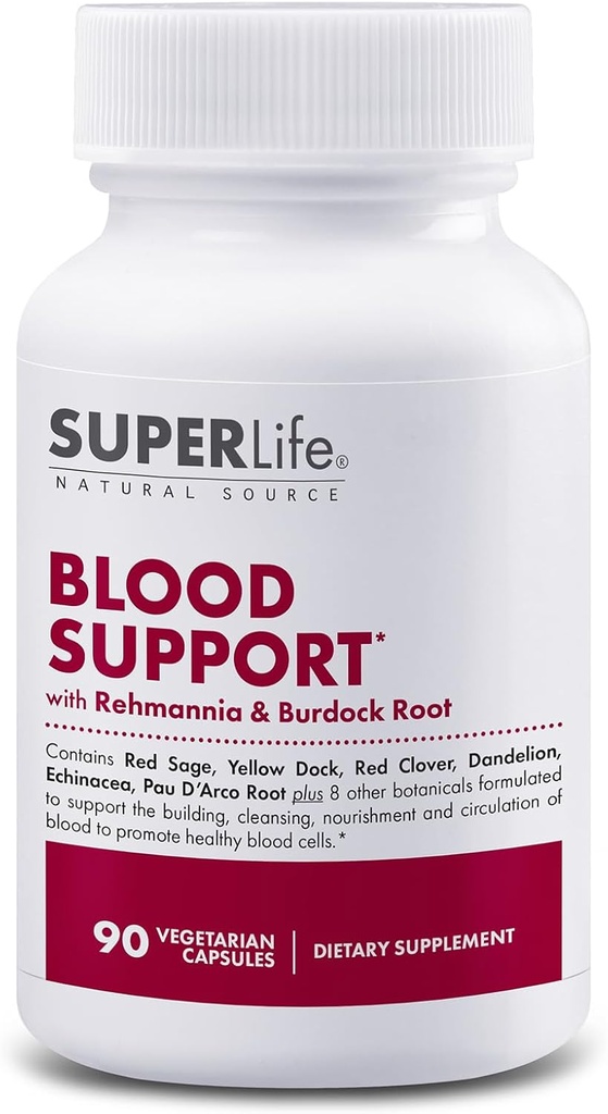 Krevní podpora - s Rehmannia, Pampeliška, Red Clover, Burdock Yellow Dock, Echinacea & Pau D 'Arco 124; Promotes Building, Cleansing, Nurification & Circulation of Blood 124; Dodatek - 90 Kapsle