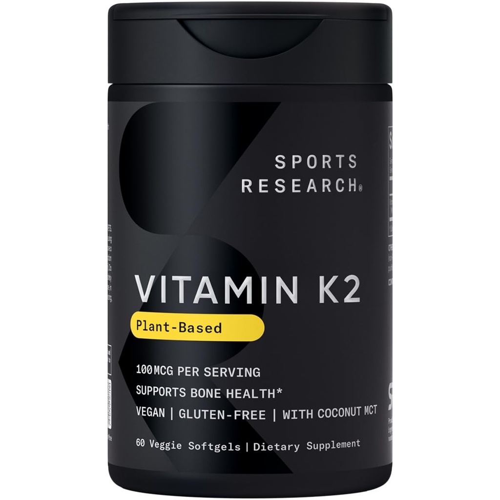 Sports Research ® Vitamin K2 jako MK-7 100mcg s Coconut MCT Oil - 60 Veggie Softgels (2 Měsíční dodávky) Vegan Certified, Non-GMO Ověřené, Gluten & Soy zdarma