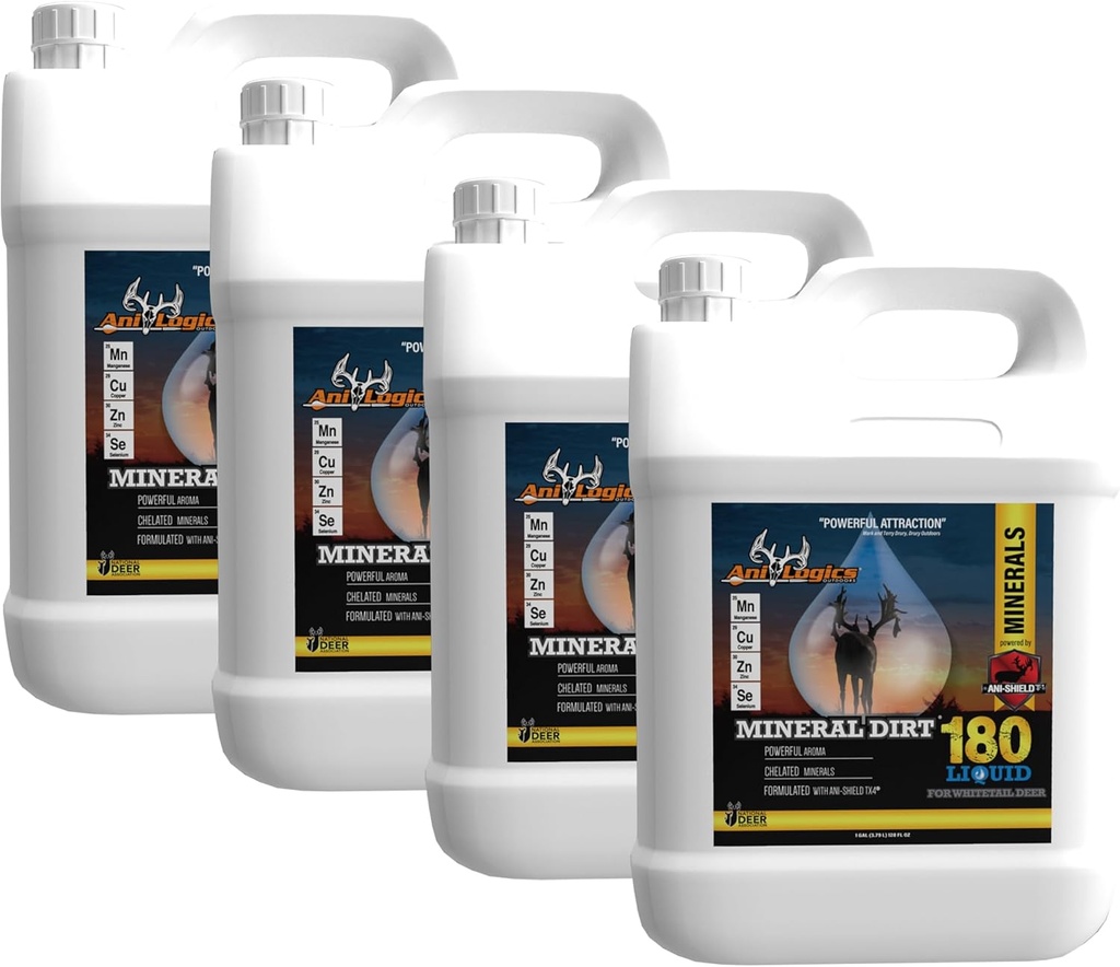 Ani-Logics Outdoors Mineral Dirt 180 Liquid Deer Mineral - Pour-On Atractant for Blocks, Logs, & Stumps - Vytvořit Mineral Licks & Support Herd Health - 1 Gallon, 4 Pack