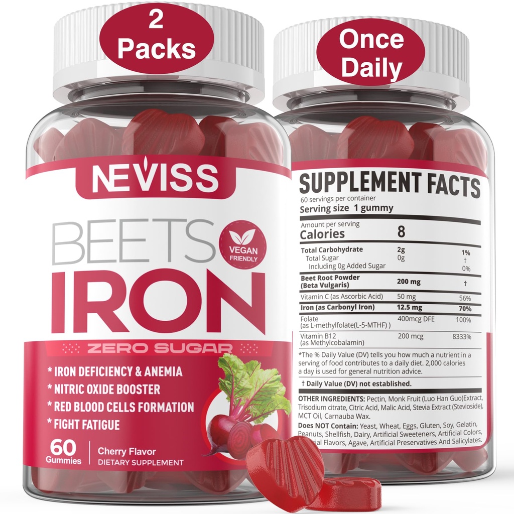Řepné kořenové gumy s železem, methyl B12, Folát, Vitamin C - Zvýšení oxidu dusnatého & Železné hladiny, Podpora energie, Boj Únava, Beetroot & Gentle Železný dodatek, Cukr zdarma, 120 Počet