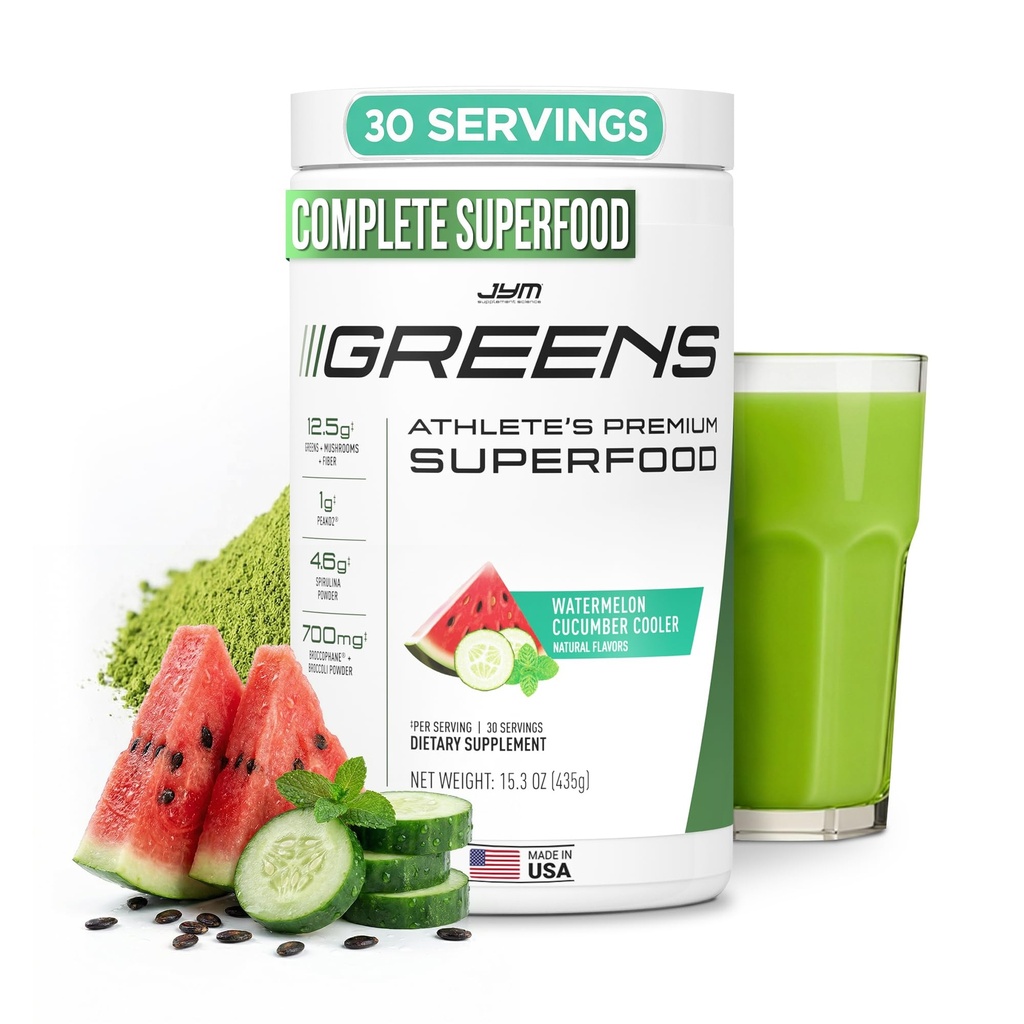 JYM Zelené Super Food Powder for Performance, Meloun Okurka, Spirulina, Houby, Vitamíny, BroccoPane & Brokolice, Muži & Ženy, 30 Služební