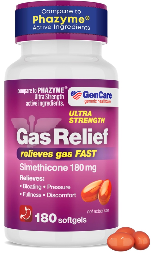 GenCare - Ultra síla Simeticone Relief plyn 180 mg (180 Softgels) 124; Anti Flatulence, Bloating Aid, Žaludek Discomfort a tlak plynu Reliever pilulky 124; Relieves plyn rychlý 124; Generic Phazym
