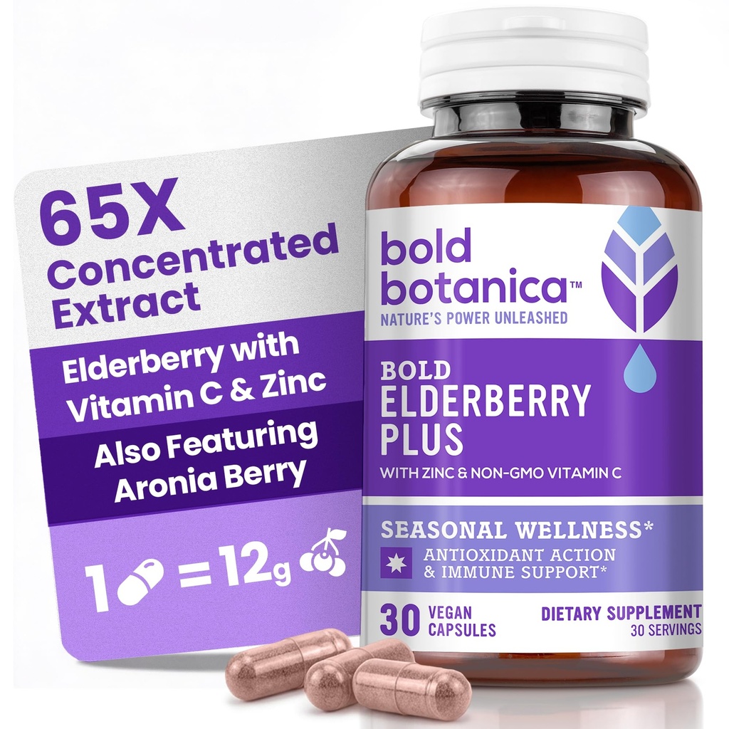 Bold Botanica Elderberry Plus - 65x Koncentrovaný černý Elderberry Extrakt se zinkem a vitaminem C pro denní imunitní podporu a sezónní Wellness - Non- GMO, 30 Vegan Kapsle