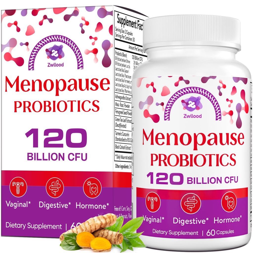 Menopauza Doplňky pro ženy, 120 Miliardy CFU Menopauza Probiotika pro ženy, All- Natural Probiotika pro horké návaly Menopauza, Noční poty, Mood Swings, Gut a Hormon - 60 Bylinné kapsle