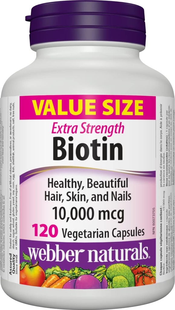 Webber Naturals Biotin Extra Síla 10 000 mcg, 120 Kapsle