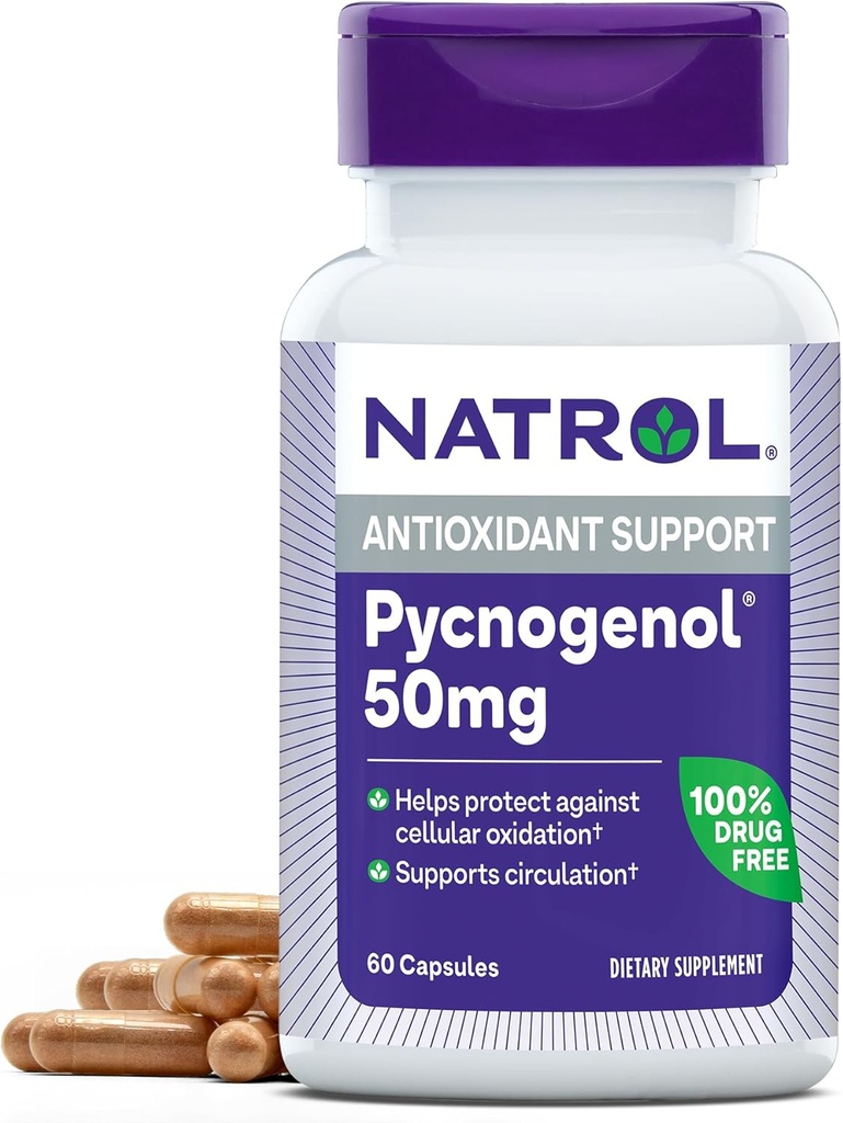 Natrol Pycnogenol Kapsle, Antioxidant Protection, Doplněk Chrání proti buněčné oxidaci a Age- Související poškození, European Maritime Pine Bark Extract, Podpora Cirkulace, 50 mg, 60 Počet