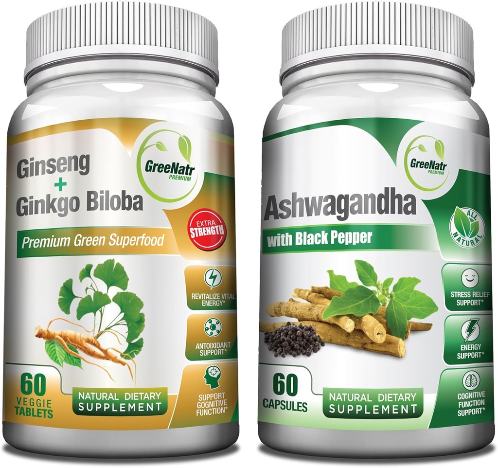 GreeNatr Premium Bundle pro holistické Well- Bytí: Organic Ashwagandha Kapsle, s Black Pepper pro Stress Relief, Plus Ginseng + Ginkgo Biloba Tablety, tradiční energetický booster.