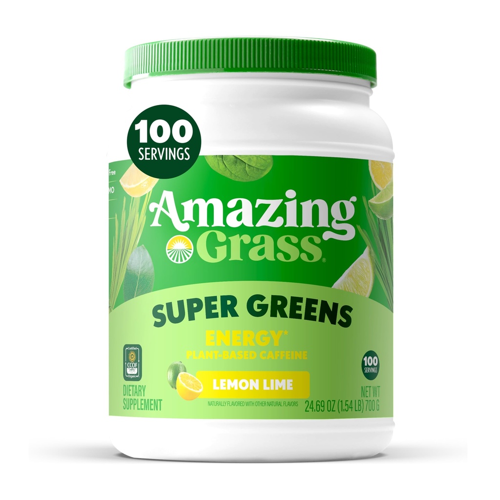 Amazing Grass Green Superfood Energy: Super Green Powder & Plant Based Caffeine with Green Tea, Beet Root Powder & Flax Seed, Lemon Lime, 100 Servings (Balení května Vary)