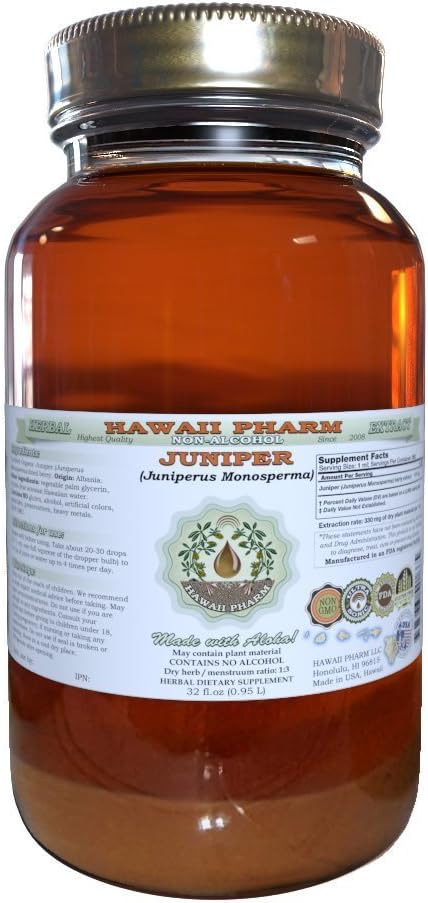 Juniper Alcohol- Free Liquid Extract, Organic Juniper (Juniperus Monosperma) Sušený Berry Glycerite Hawaii Pharm Natural Herbal Dodatek 32 oz Nefiltrovaný
