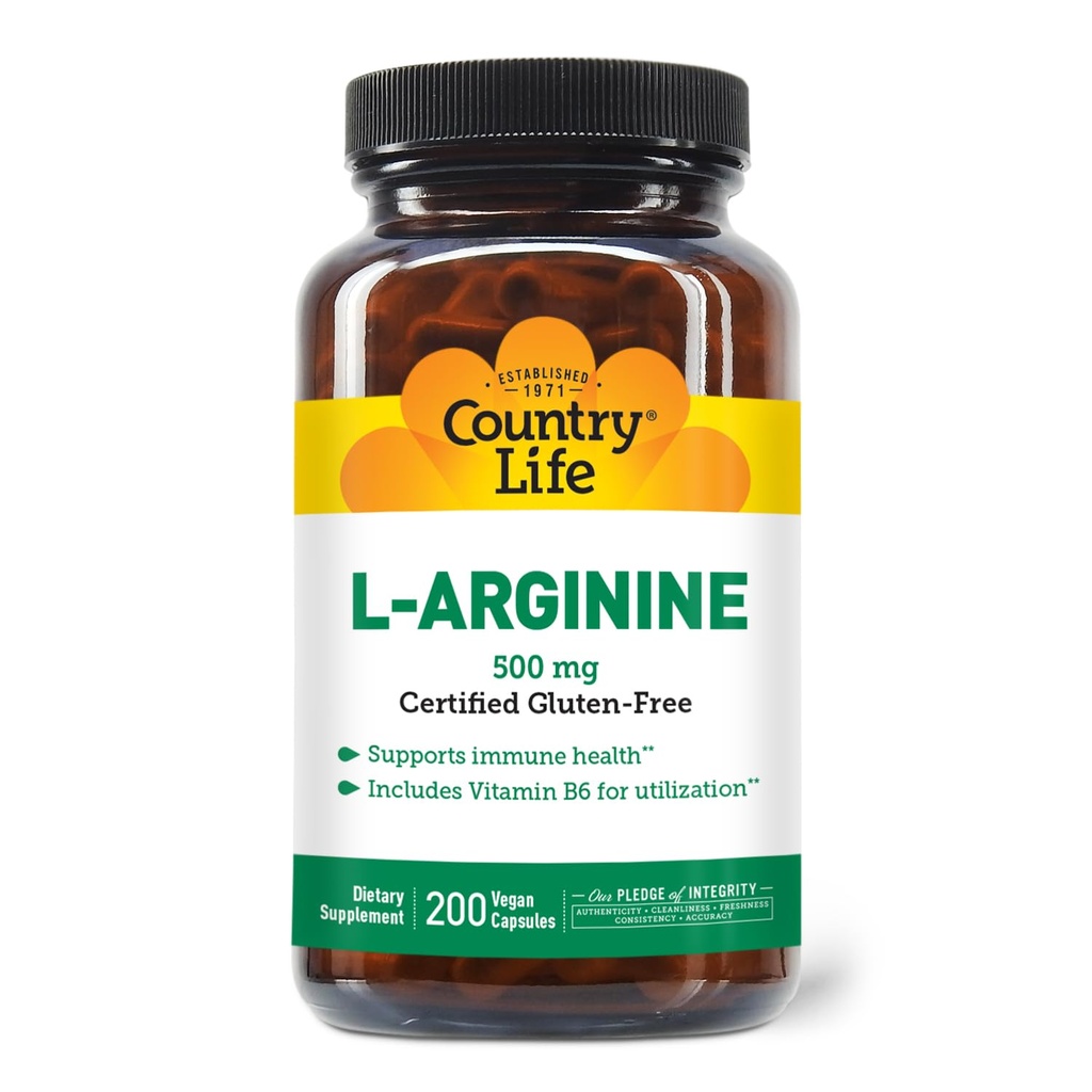 Country Life L- Arginin Caps s vitamínem B-6, 500mg, 200 Vegan Kapsle, Certified gluten zdarma, Certified Vegan