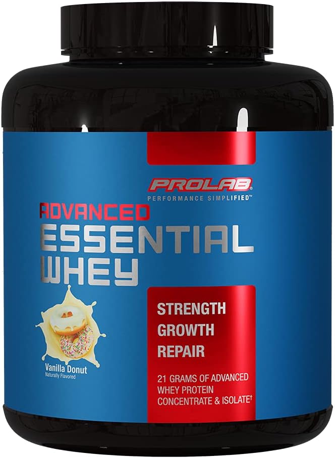 ProLab Advanced Essential syrovátkový protein prášek, syrovátka koncentrát a izolát směs, 21g protein, BCAA, trávicí enzymy, Muscle Support & Recovery (Vanilla Donut)