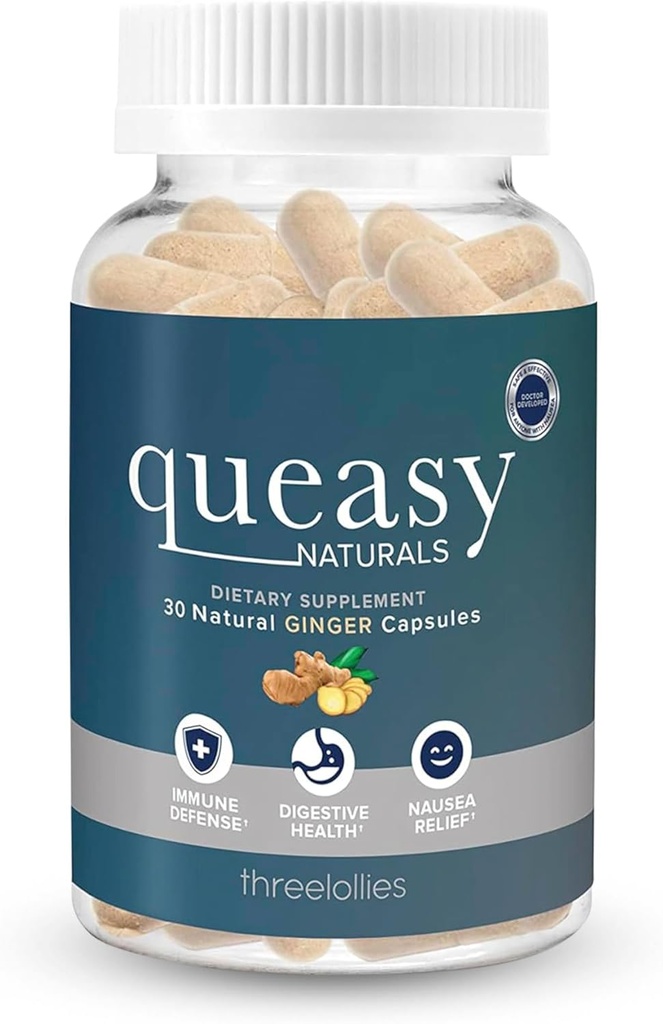 Tři Lollies Queasy Naturals Ginger Kapsle - Non- Drowsy Nausea Relief Dodatek - Motion Prevention & Nausea Relief Během chemoterapie - 1000mg Ginger Root - 30 Caps
