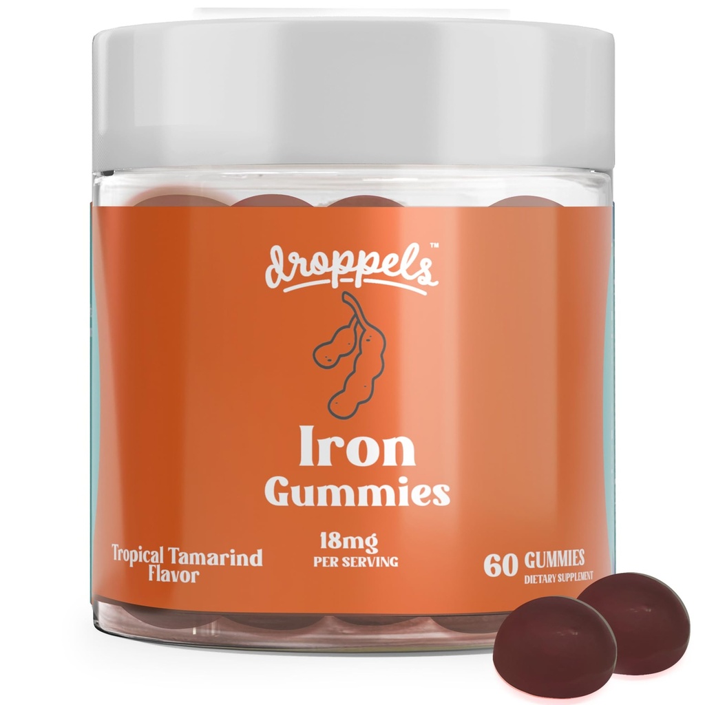 Droppels Iron Gummies 18mg pro ženy a muže - Vegan Plant- based Iron Supplementary 124; Podporuje energii a krevní zdraví 124; Pectin- based, Non- GMO, gluten & želatina zdarma 124; Tamarind Flavor, 60 Počet