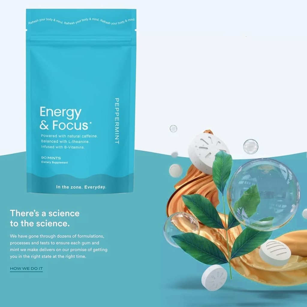 Energy Caffeine Mints (90), Sugar- Free, Vegan, gluten- Free, Peppermint. Podporuje Focus, Vytrvalost s L-Theanine, kofein, B12 & B6. Rychlé hraní, Pocket- Sized pro rychlou energii.
