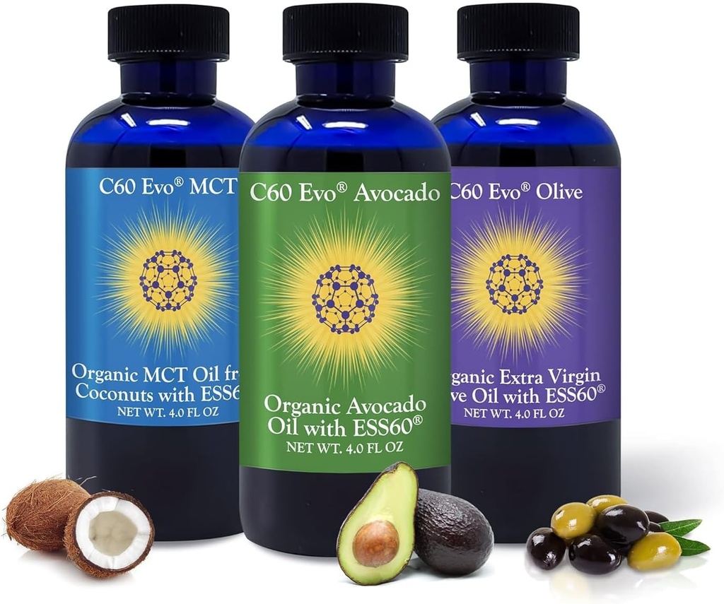 All- Natural Evable Oils, 4oz Sampler Sada s čistou C60 ESS60, Imunitní podpora a společná podpora Dodatek s olivovým olejem, Avocado Oil & MCT Kokosový olej, Sada 3, 4 oz