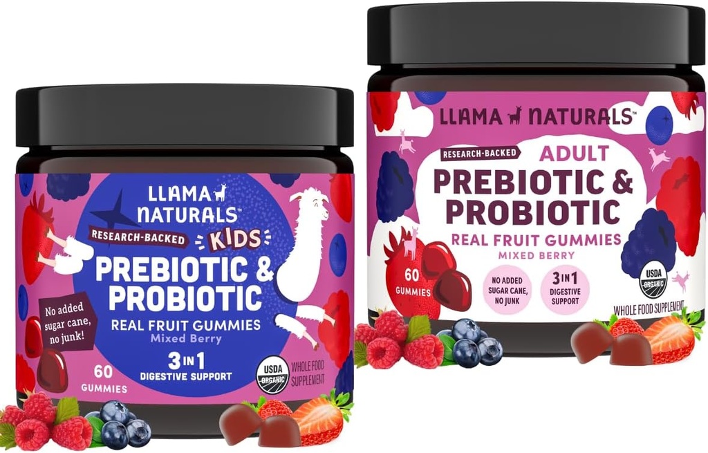 Llama Naturals Kids Pre & Probiotic Gummies + Adult Pre & Probiotics Bundle 124; No Added Sugar Cane Cane 124; Vegan Can 124; Organic CLAND 124; Mixed Berry Flavor CLAND 124; 2 Lahve