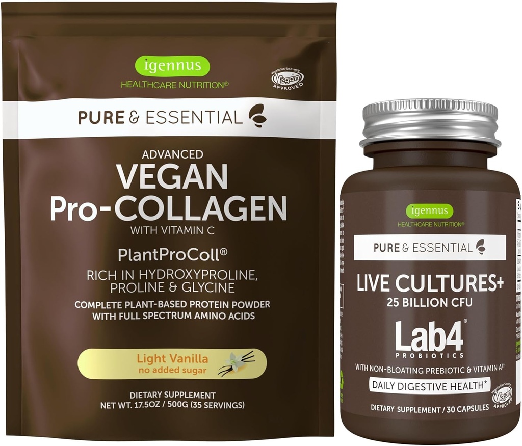 Živé kultury + Lab4 Probiotika + Vegan Vanilla Kolagen Protein Powder Vegan Bundle, Complete Collagen Boosting Formule + 25 Milion CFU Probiotic s non-Floating Prebiotic, Igennus