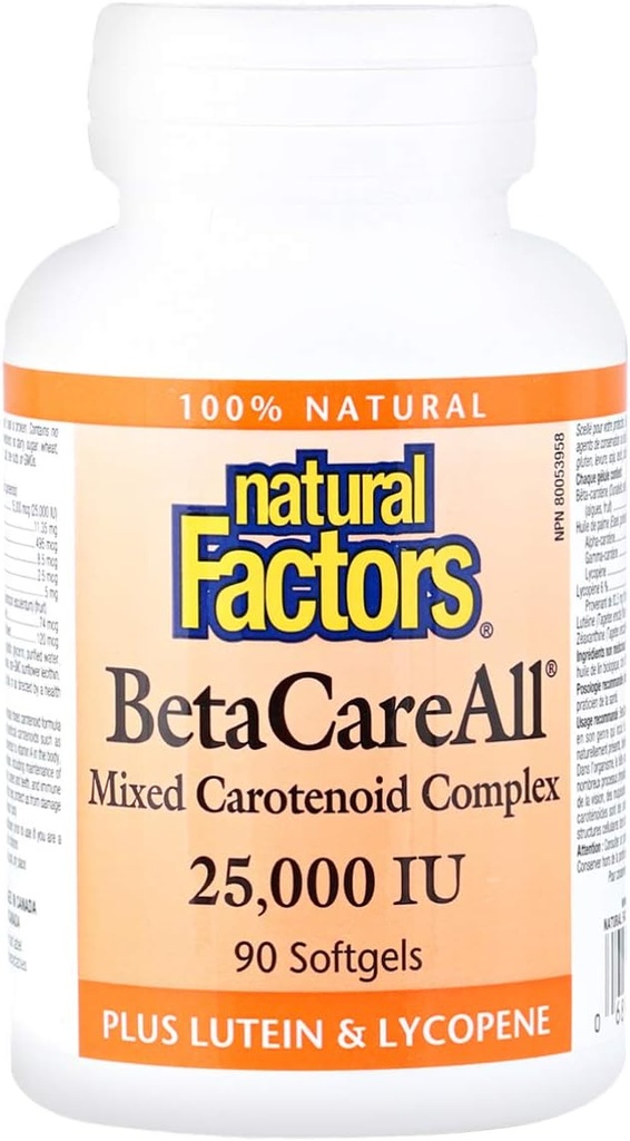Přírodní faktory, BetaCareall 25 000 IU, Vitamin A pro zdravou pleť, vize a imunitní funkce, 90 Softgels