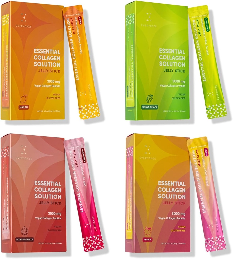 VŠECHNY esenciální kolagen řešení Jelly Stick 124; 40 Variety Balení 124; Peach, Mango, Green Grape, Grape Grape 124; Vegan Collagen Peptide Dodatek 124; Vlasy, kůže, hřebík, zdraví kostí pro muže a ženy