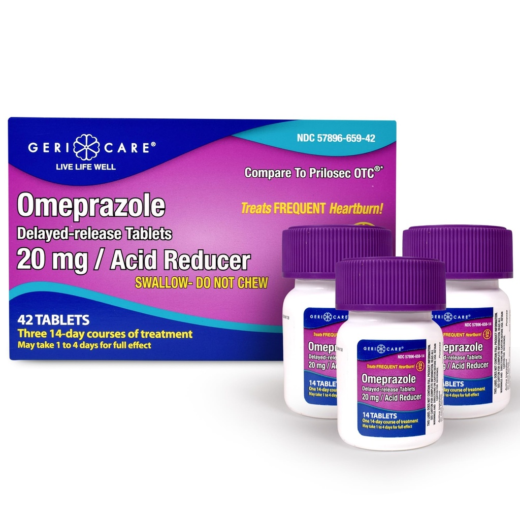 GeriCare Omeprazol Zpožděné uvolňování tablety 20mg Somech Acid Reducer pilulky pro 24 hodinový Heartburn Relief- kyselý reflux Medicine k léčbě časté Heartburn - Anti- Acid Relief tablety (42 Počet)