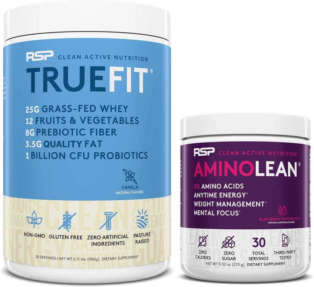 RSP NUTRION AminoLean Pre Workout Energy (BlackBerry Granátová 30 Servings) s TrueFit Protein Powder (Vanilla 2 LB)