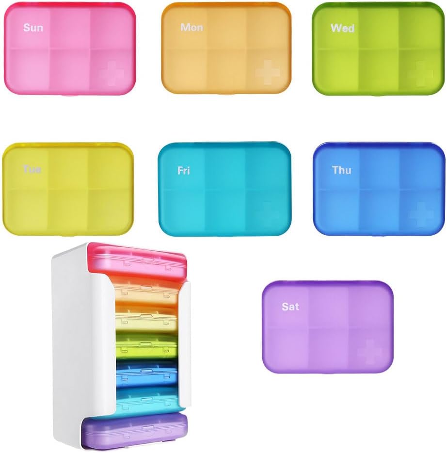 7 Kousek Set Pořadatel pilulek 6 krát denně, Týdenní Pouzdro, Pořadatel pilulek s etiketami, Travel Pill Dispenser 7 Day se 42 Kopie pro léky / vitamín / rybí olej / doplňky - Rainbow Barvy
