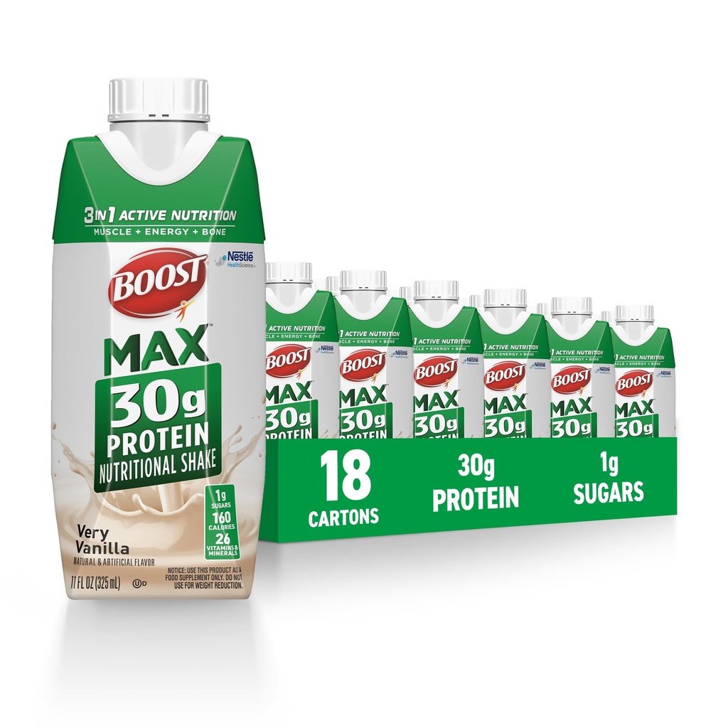 BOOST MAX protein třes připraven k pití - 30g Vysoký protein Shake - Vanilla campus 124; Nutriční nápoje na podporu svalové obnovy po cvičení, 26 Vitamíny & Minerály, 1g cukr, 11 fl oz (Balení 18)