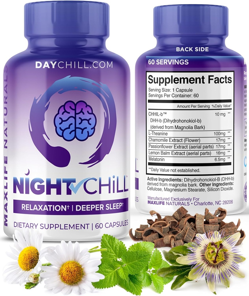 Night Chill Sleep Supplement - 60 Kapsle - Restful Sleep Support with DHHH-B from Magnolia Bark and L-Theanine Supplement - Stress Calm Mood Support - Spící pilulky pro dospělé od MaxLife Naturals