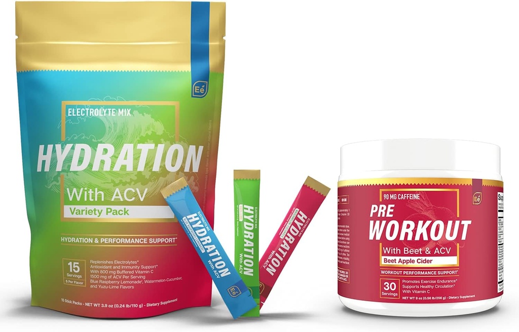 Sugar Free Hydration Powder Packets Variety - 15 Stick Packs & PreWorkout Prášek s ACV 124; Teplo, Cvičení, Cestování, Denní hydratace + Superfood Energy & All- Natural Nitric Oxide Booster Plus kofein