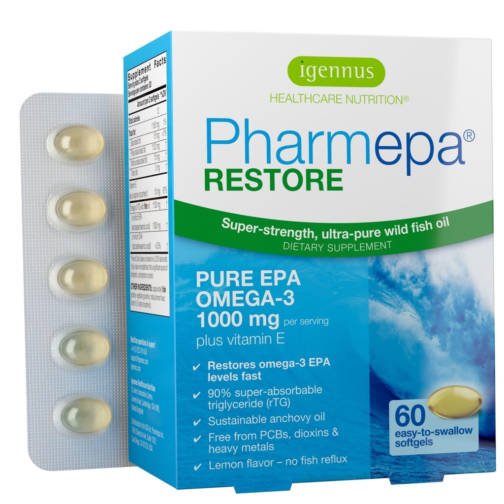 Igennus Pharmepa Restore, Pure EPA 1000mg, Omega 3 rTG Fish Oil, IFOS Certified, High Absorpce, 90% Koncentrace Triple Strength, Wild & Sustainable, Lemon Flavor, 1- Month Supply, 60 Softgels