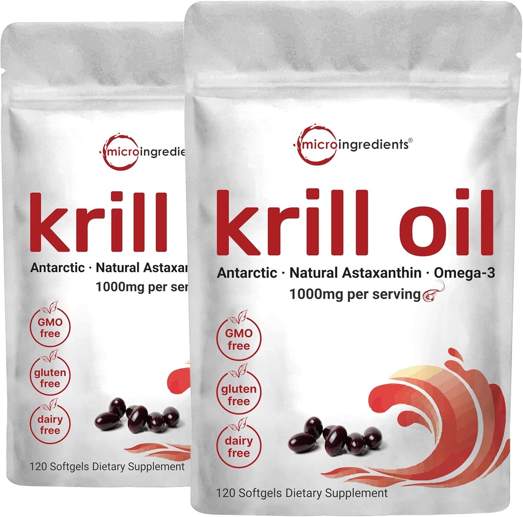 2 Pack Antarktida Kril Oil dodatek, 1000mg per Serving, 120 Soft- gely každý, bohaté na Omega-3s, EPA, DHA & Astaxanthin, podporuje zdraví mozku, Premium Krill Oil kapsle kapalné