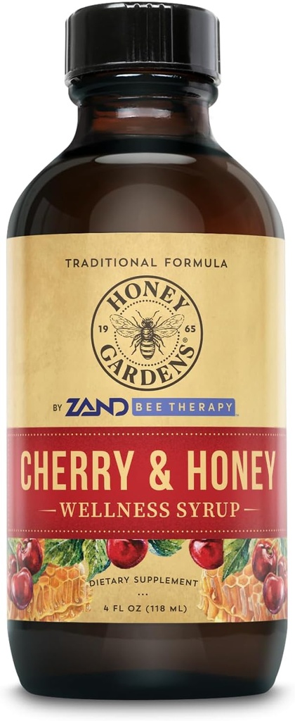 Honey Gardens Cherry & Honey Soothing Krční Sirup, Apioterapie Formule s organickým syrovým medem, Organic Apple Cider ocet, Black Cherry, a Bylinné extracts, 24 Servings, 4 FL. OZ.
