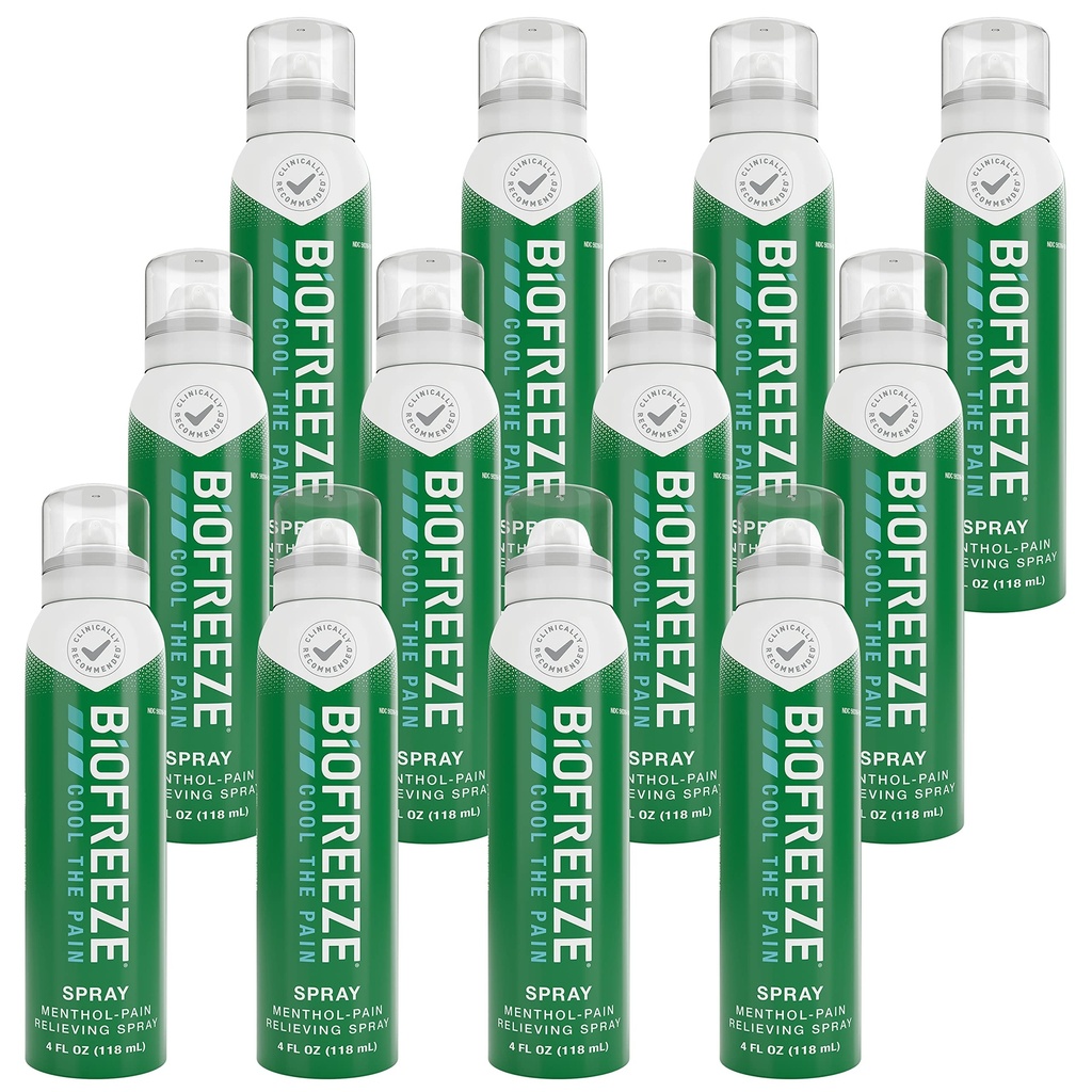 Biofreeze Menthol Pain Relieving Spray 4 FL OZ Barevný Aerosol Spray (Balení 12) pro úlevu od bolesti spojené se Sore Muscles, Artritida, jednoduché záda, a společná bolest (Balení květen Vary)
