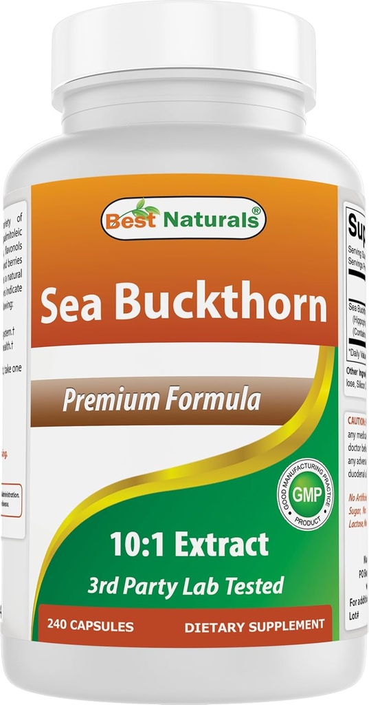 Nejlepší Naturals Sea Buckthorn Oil Powder Extract 10: 1 500 mg 240 Kapsle - Non- GMO, gluten Free - Obsahuje přirozeně Occuring Omega-7 Palmetoleic Acid
