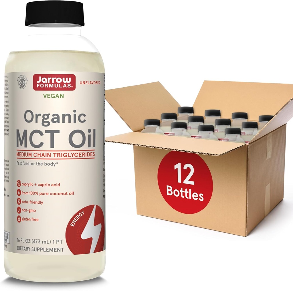 Jarrow Applicas Organic MCT Oil - 16 fl oz - Rychlé palivo pro mozek a svaly - Caprile (C8) + Capric Acid (C10) - Ketogenní dieta Friendly Doplněk - Neochucené (balení po 12)