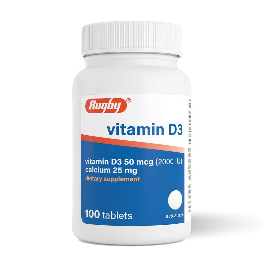 Rugby Vitamin D3 2000 IU (50 mcg) - gluten- Free Daily Vitamin D Dietní dodatek pro kosti, zuby, a imunitní zdraví 100 Tablety