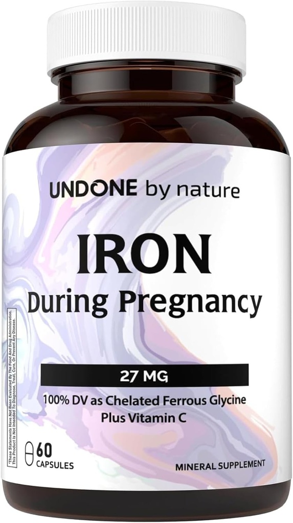 Železný dodatek, Ferrous Bisglycinát, Jemný, s vitaminem C jako L- kalcium askorbát, Během těhotenství by Undone přírodou, 100% denní hodnota, Krevní stavitel, 60 Vegan Caps