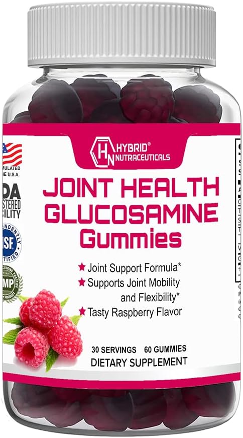 Hybridní Nutracea Společné zdravotní dodatek - Glukosaminové gumy s vitaminem E - Podpora společné mobility a flexibility Supplementary, Malina Flavor - 60 Gumy