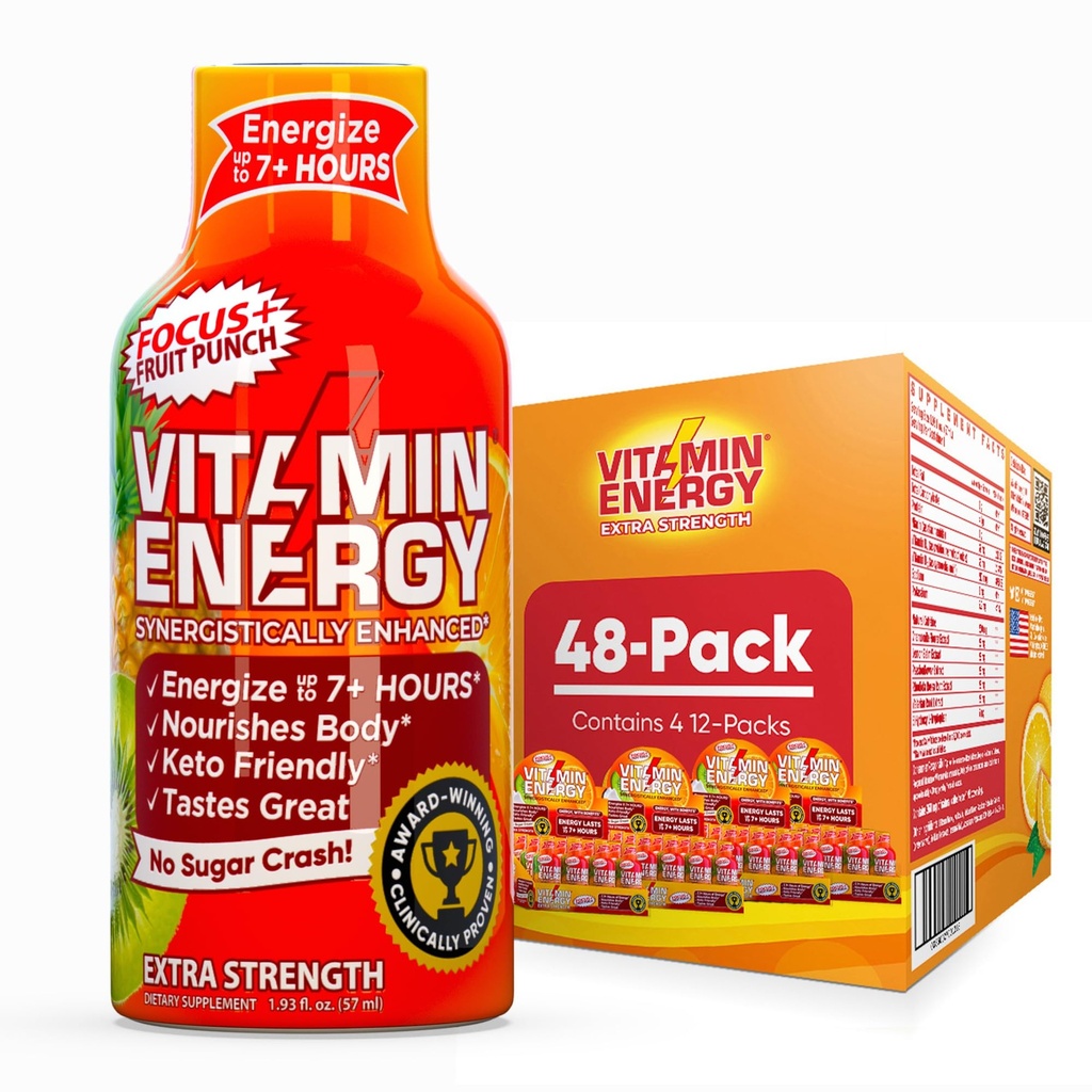 Vitamin Energy Focus + Extra Síla Energy Shot Fruit Punch 48 Pack, 260mg přírodní kofein, B-vitaminy, CoQ10, aminokyseliny, Focus, Productivity & Clarity, Nulový cukr, gluten- Free, 1.93 fl oz