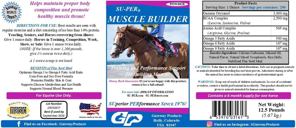 SU-PER Muscle Builder Horse Supplement - Školení a podpora výkonu pro cvičení svalů - 12.5 Pound, 6 Měsíce Dodávka