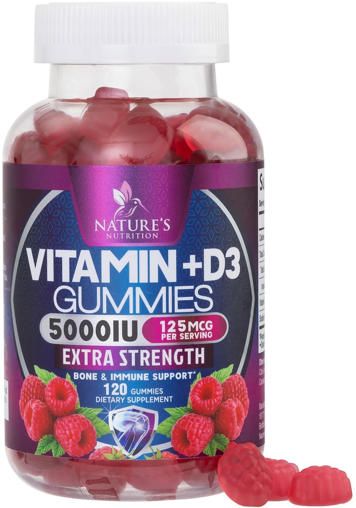 Vitamin D3 Doplněk Gummy 5000 IU (125 mcg) Dietní vitaminy D pro muže a ženy - Kost, zuby, svalová a imunitní podpora zdraví, vysoká potence VIT D3 Příroda Non- GMO & Gluten Free - 120 Gumy