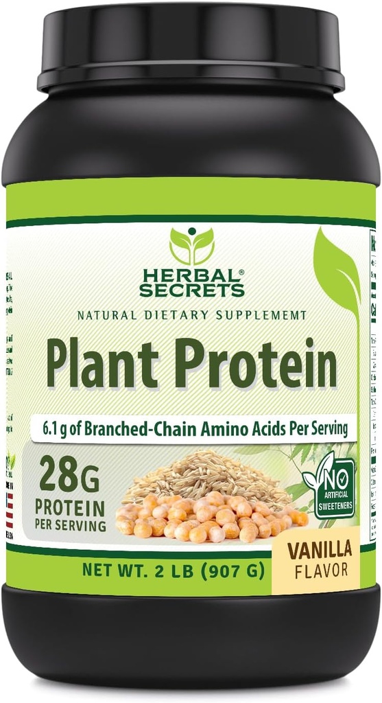 Herbal Secrets Plant Protein 2 Lb Powder 124; 28 Grams Protein per Serving CLAS124; 6.1 Grams BCAA CLAS124; Veganský dodatek CLAS124; 23 Servings CLAS124; Made in USA (2 Lb, Vanilla)