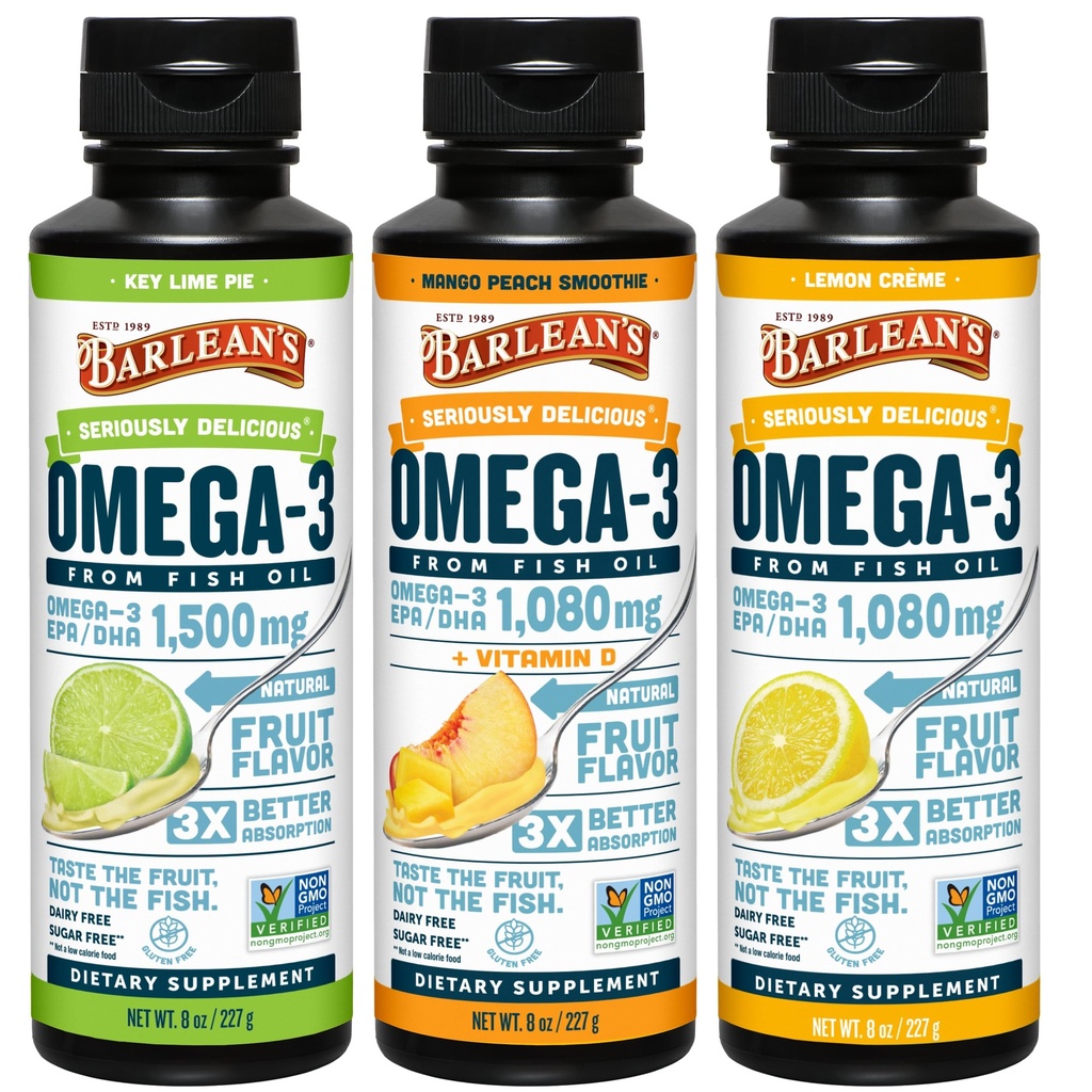 Barlean Omega 3 Rybí olej tekutý dodatek 3-Flavor Variety Pack pro muže a ženy, EPA a DHA Fatty Acid, zahrnuje Key Lime Pie, Lemon Crème a Mango Peach Flavors, 8 oz