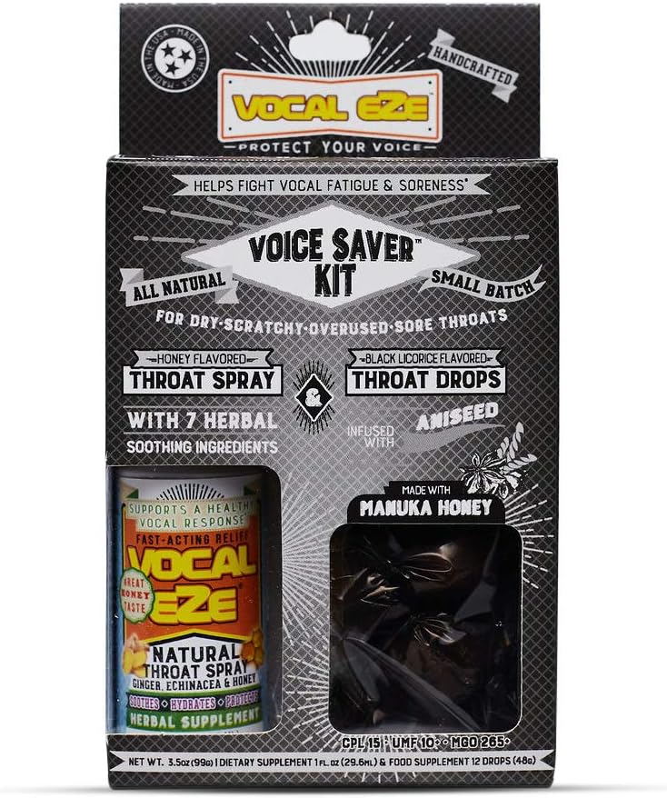 Vocal Eze Voice Saver Kit, zahrnuje Vocal Bylinné Krční Spray (1) a (12) Manuka Honey Drops SORE 124; Relieve Sore, Hosse, Únava, Sucho hrdla 124; Imunitní podpora, Přírodní složky (Aniseed)