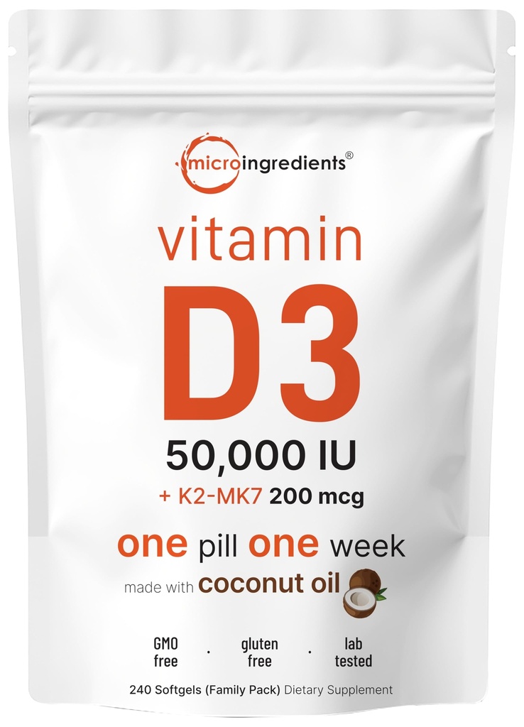 Mikroingredience Vitamin D3 50 000 IU + K2 MK- 7 200 mcg, 240 Softgels CLAS124; Virgin Coconut Oil CLAS124; 2- in-1 Bone, Imunite & Heart Support CLAS124; Easy to Swallow, Non- GMO
